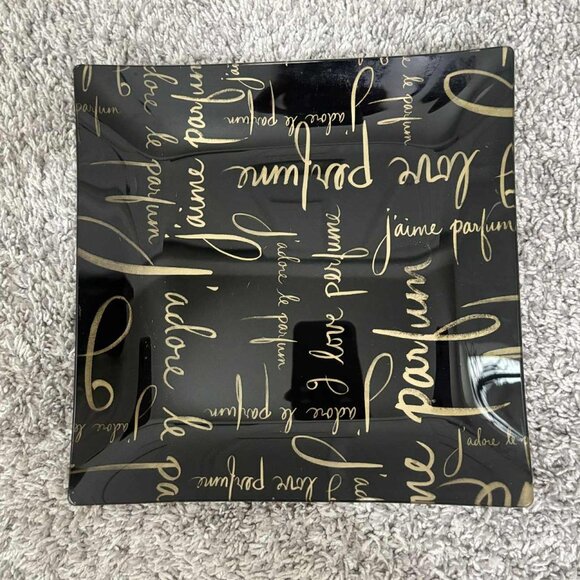 Beautiful Black with Gold Writing Glass Tray Size 9x9 inches - Picture 1 of 4